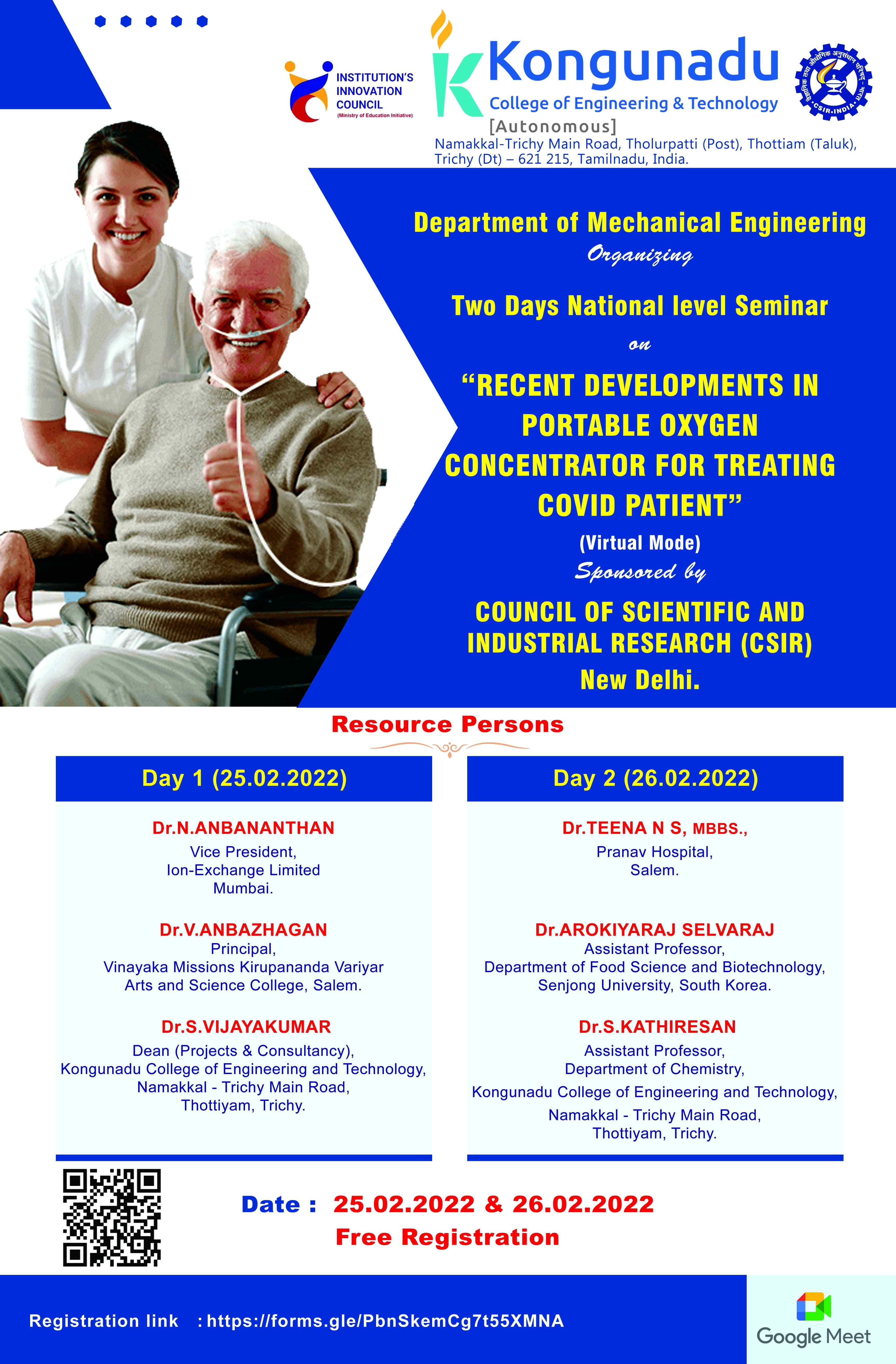 Two Days National level Seminar on Recent Developments in Portable Oxygen Concentrator for Treating Covid Patient 2022